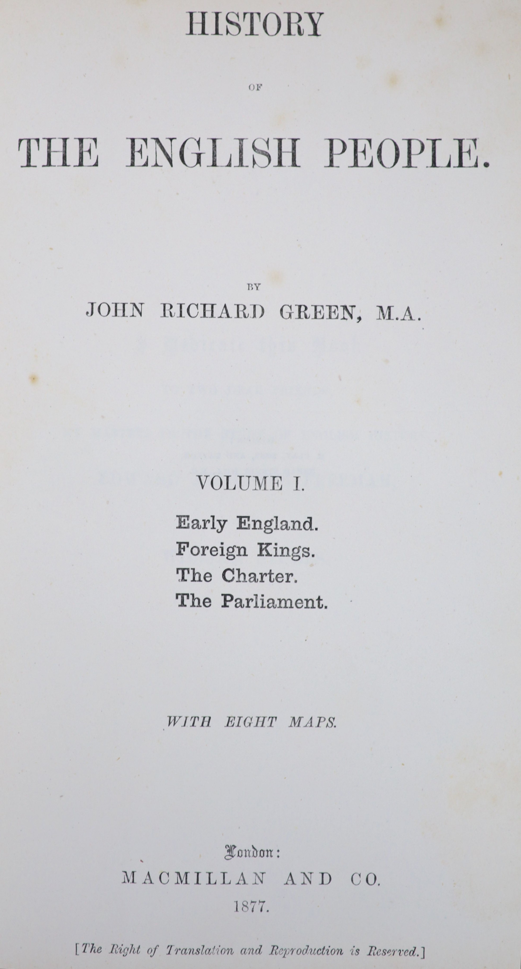 Boswell, James - The Life of Samuel Johnson, 9th edition, 4 vols, 8vo, later half calf, with portrait, front inner joint to vol 1 poorly repaired with sellotape, London, 1822 and Green, John Richard - History of the Engl